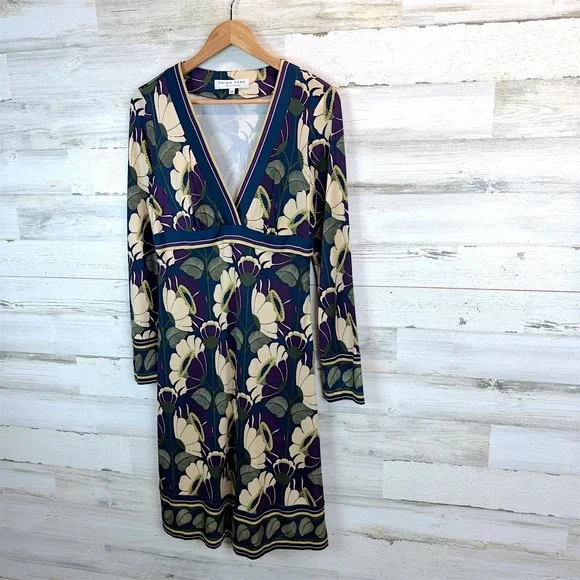 Trina Turk Silk Floral V Neck Empire Waist Dress Boho Chic Sz 12 Retro Boho - Picture 4 of 13